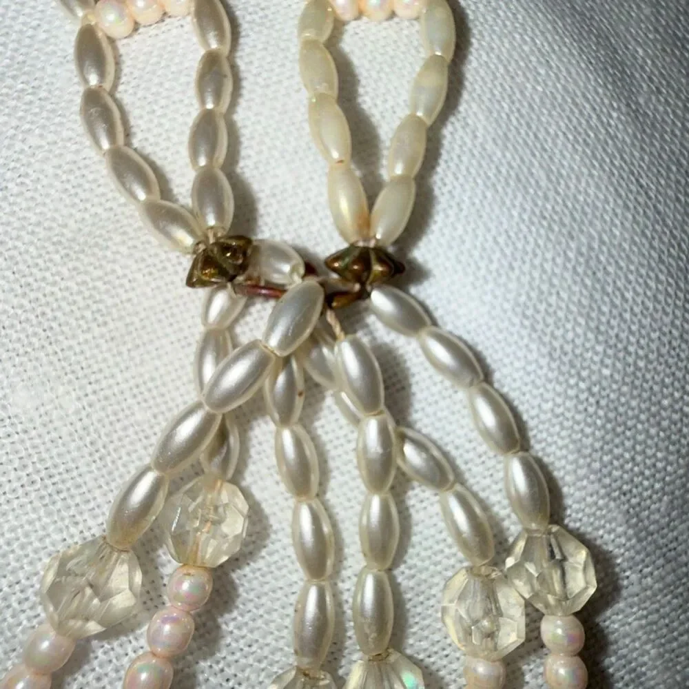 Vintage 1950s Faux Pearl Crystal Tassel Necklace Double Strand Mid Century State